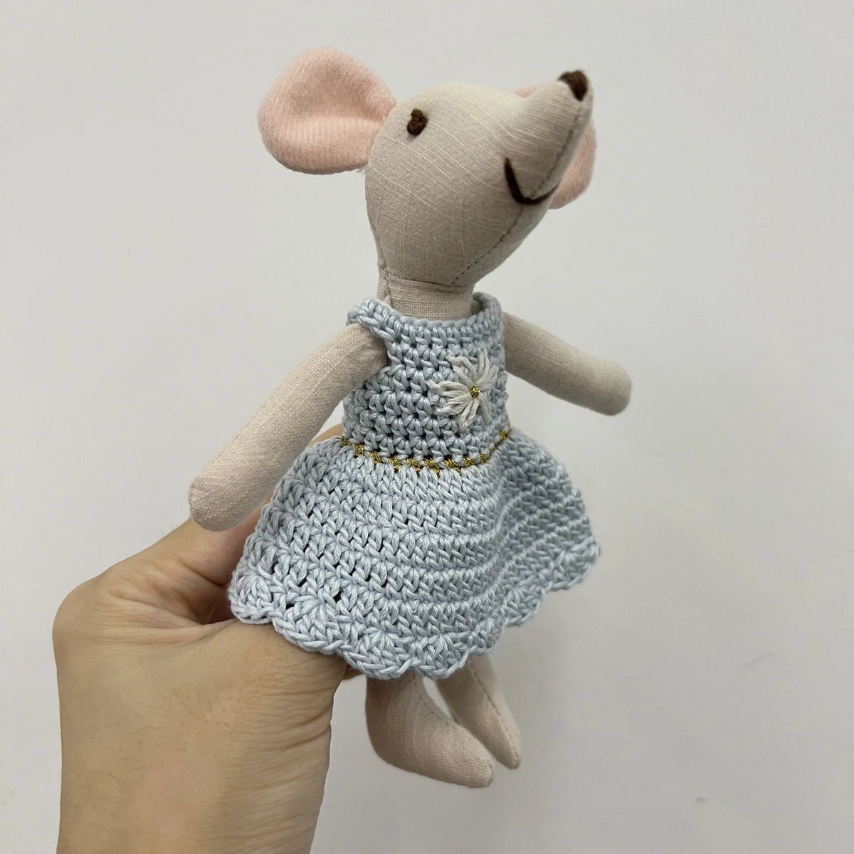 Mouse Doll Cotton-Linen With Crocheted Floral Dress