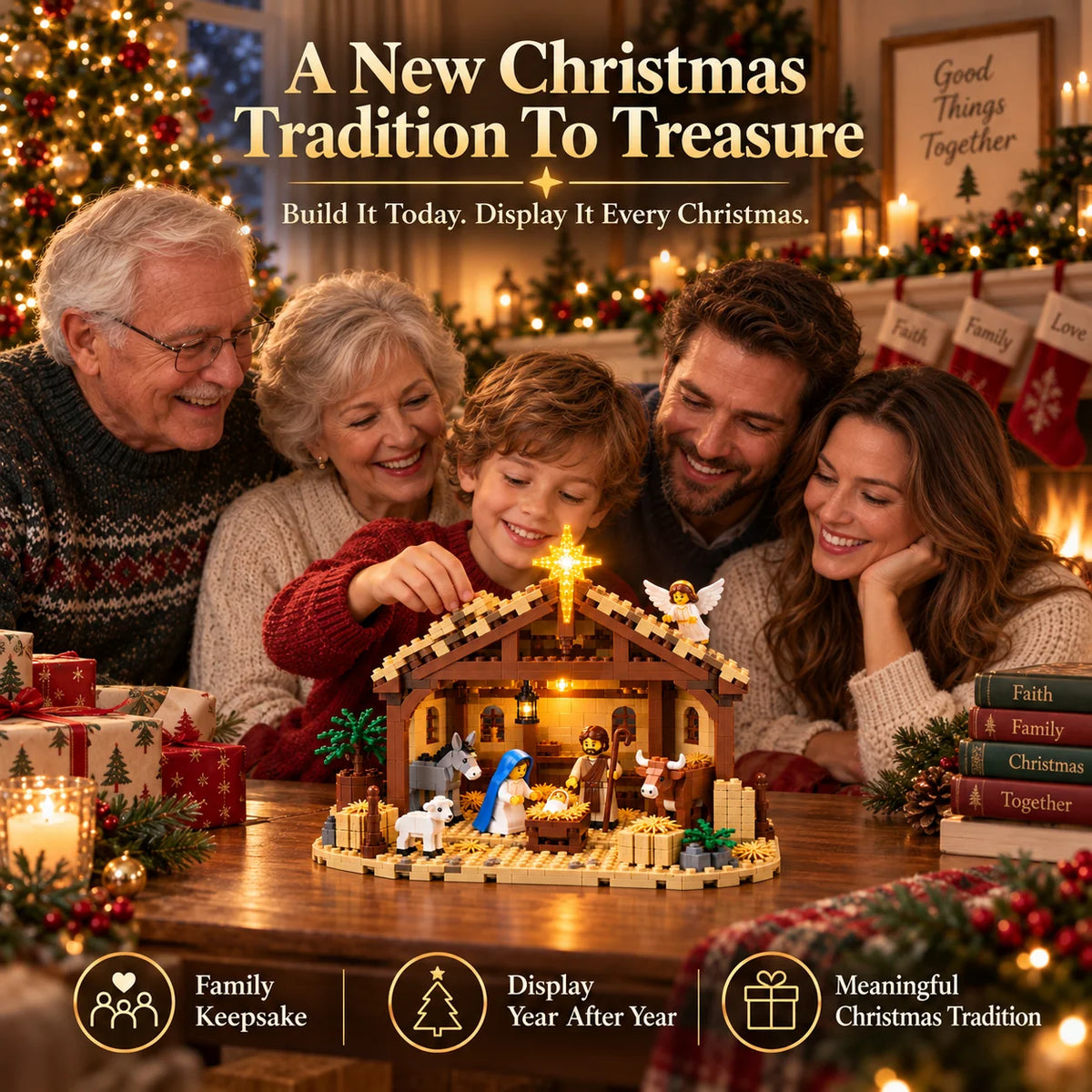 Nativity Building Block Set Illuminated Stable Bethlehem Star