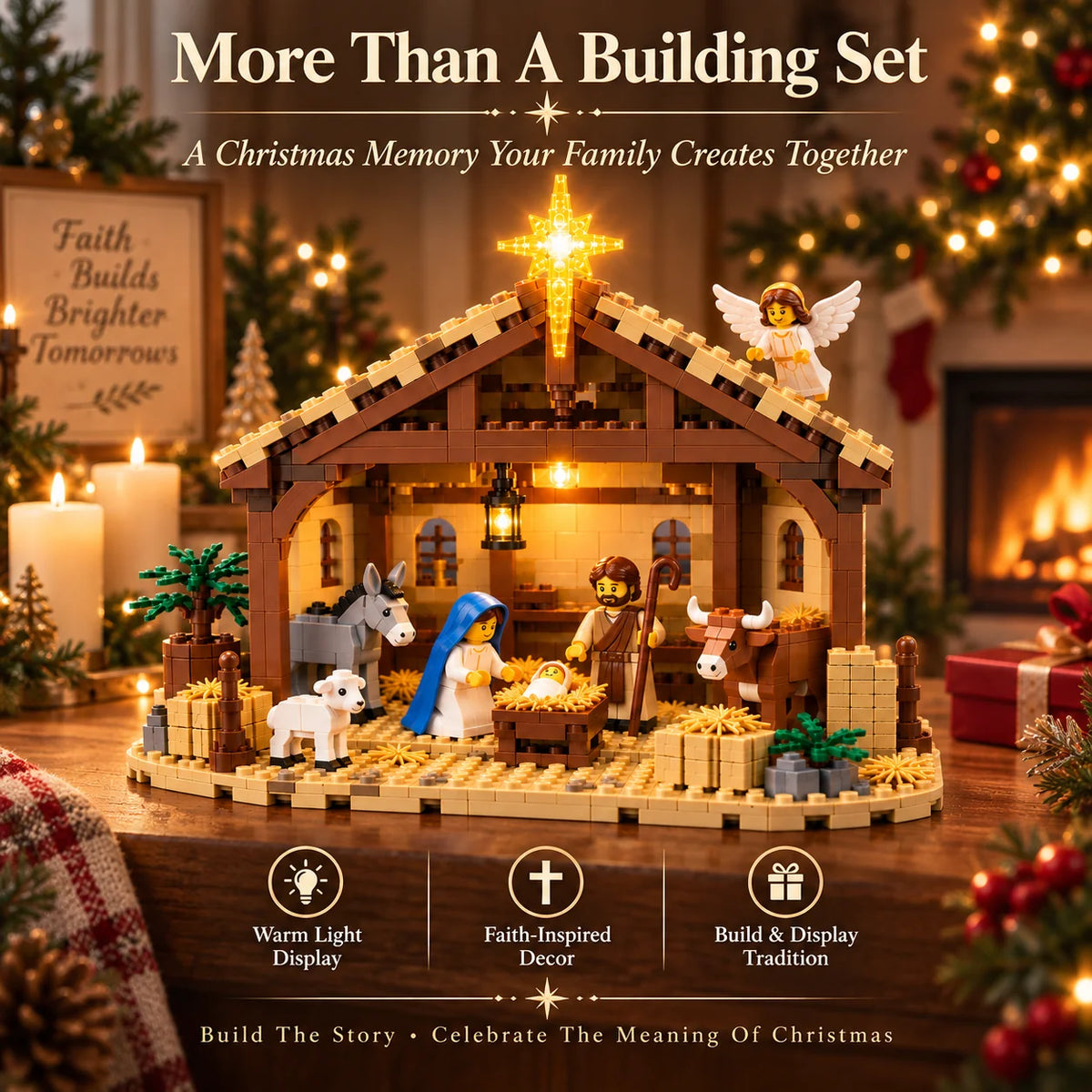 Nativity Building Block Set Illuminated Stable Bethlehem Star