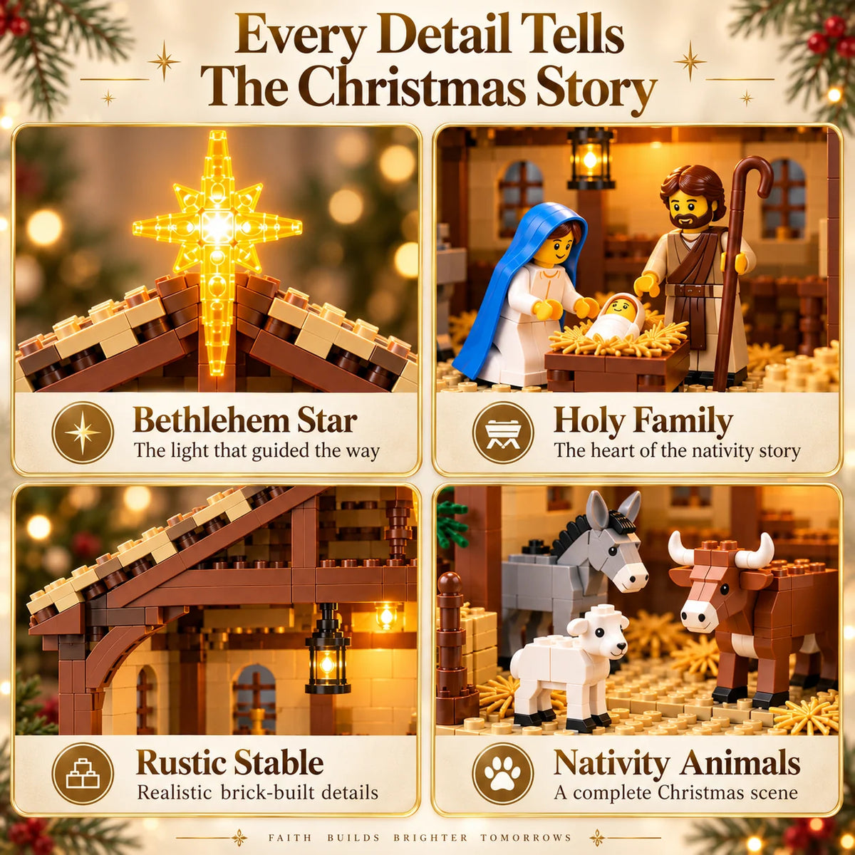 Nativity Building Block Set Illuminated Stable Bethlehem Star