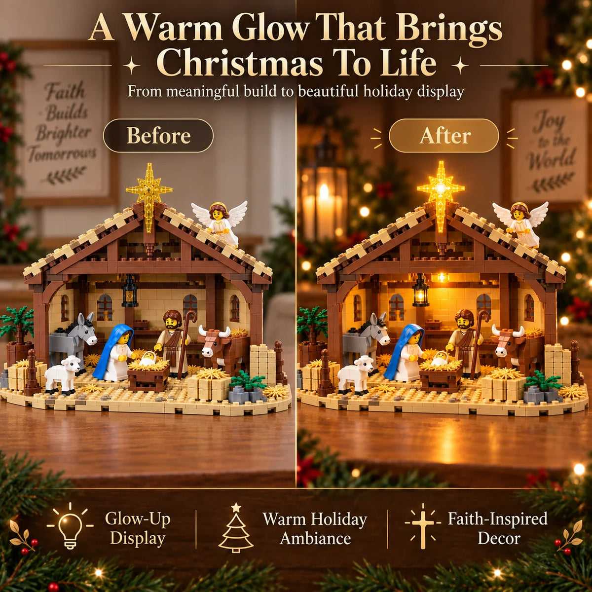 Nativity Building Block Set Illuminated Stable Bethlehem Star