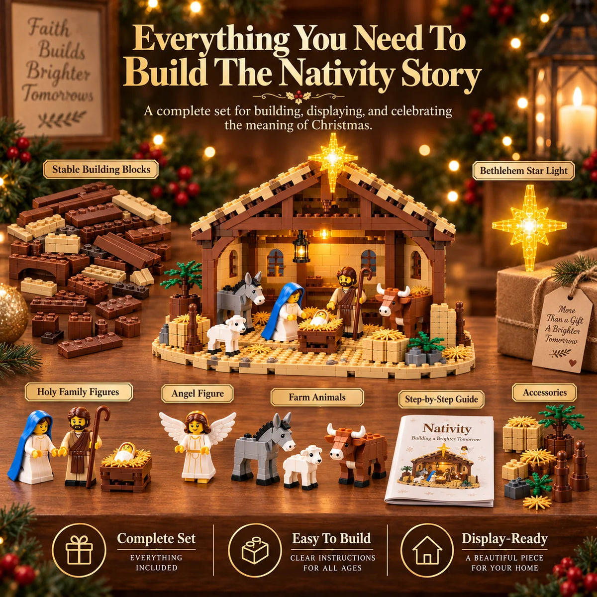 Nativity Building Block Set Illuminated Stable Bethlehem Star