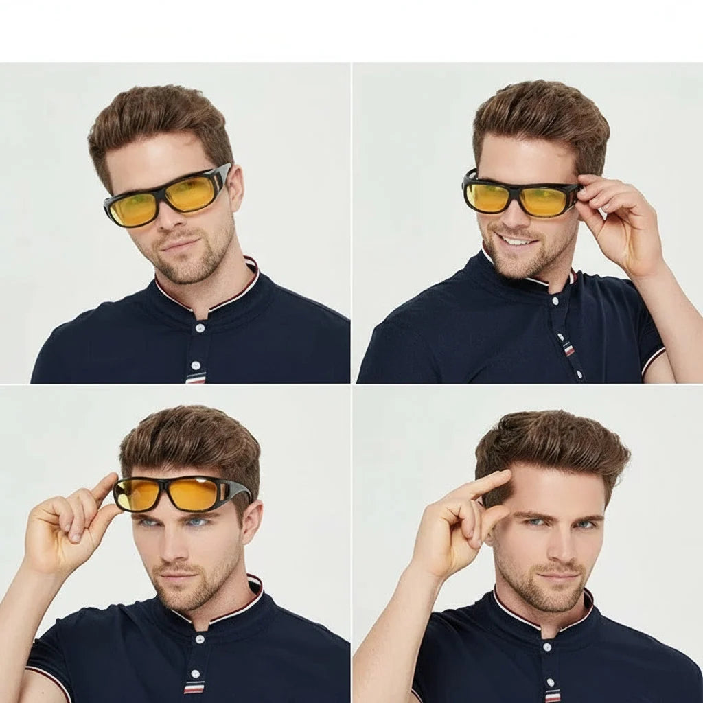 Night Driving Glasses Yellow Tint Wraparound Over Prescription Frames