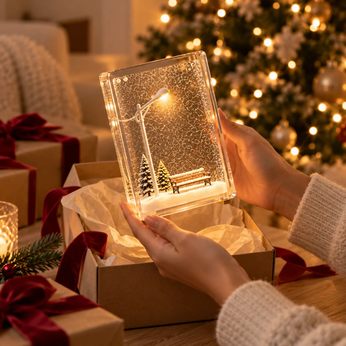 Night Light Snowy Street Scene Warm White LED