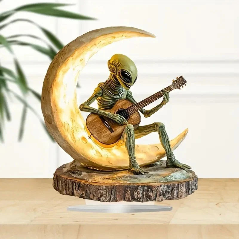 Night Light Warm Glow Wooden Base Alien Guitar Design