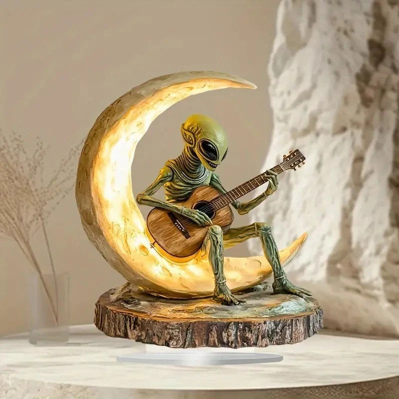 Night Light Warm Glow Wooden Base Alien Guitar Design