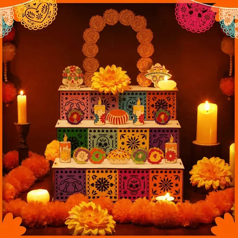 Ofrenda Display Three-Tier Wooden Tabletop Stand