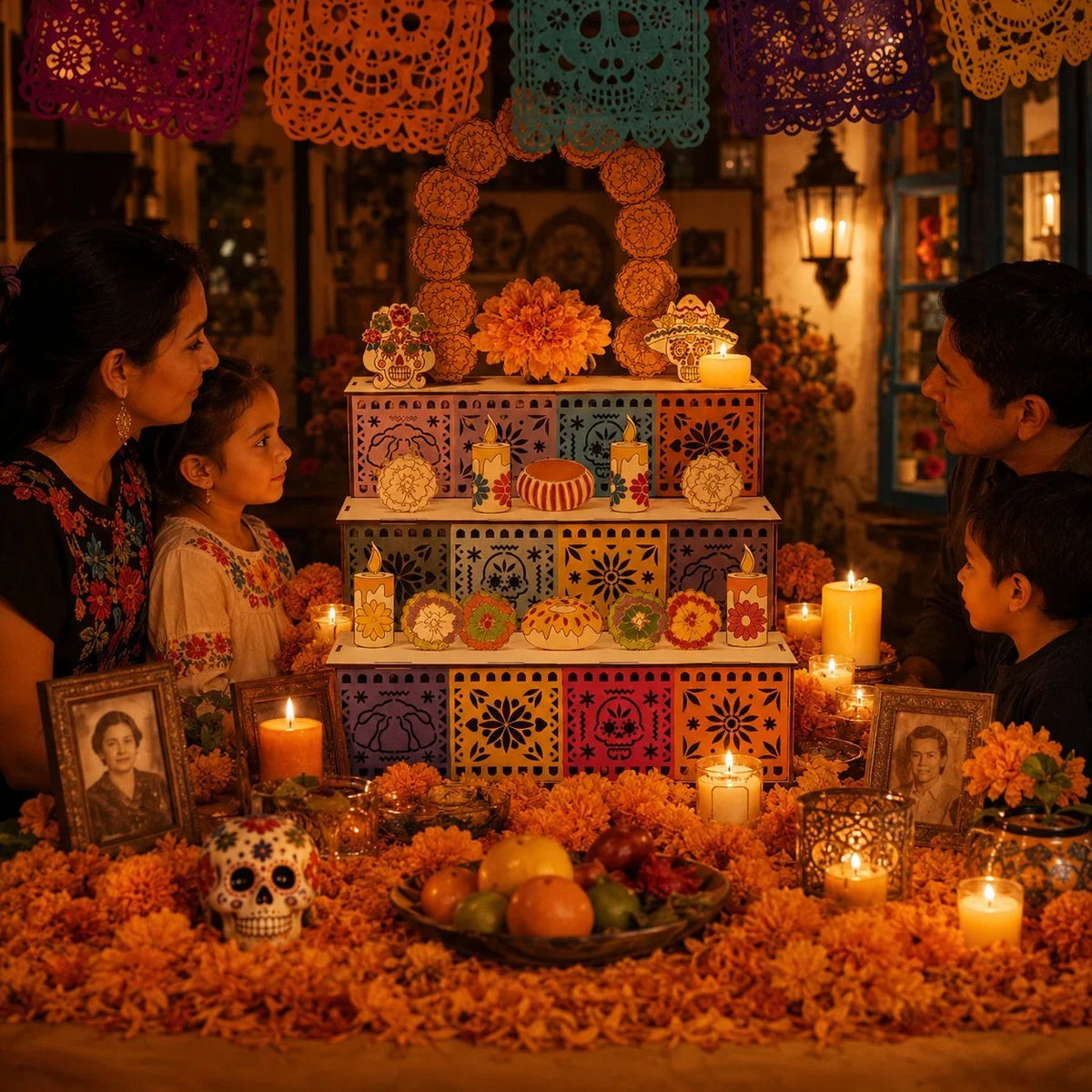 Ofrenda Display Three-Tier Wooden Tabletop Stand