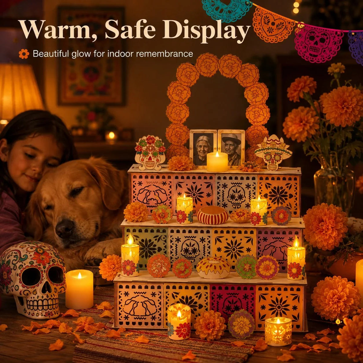 Ofrenda Display Three-Tier Wooden Tabletop Stand