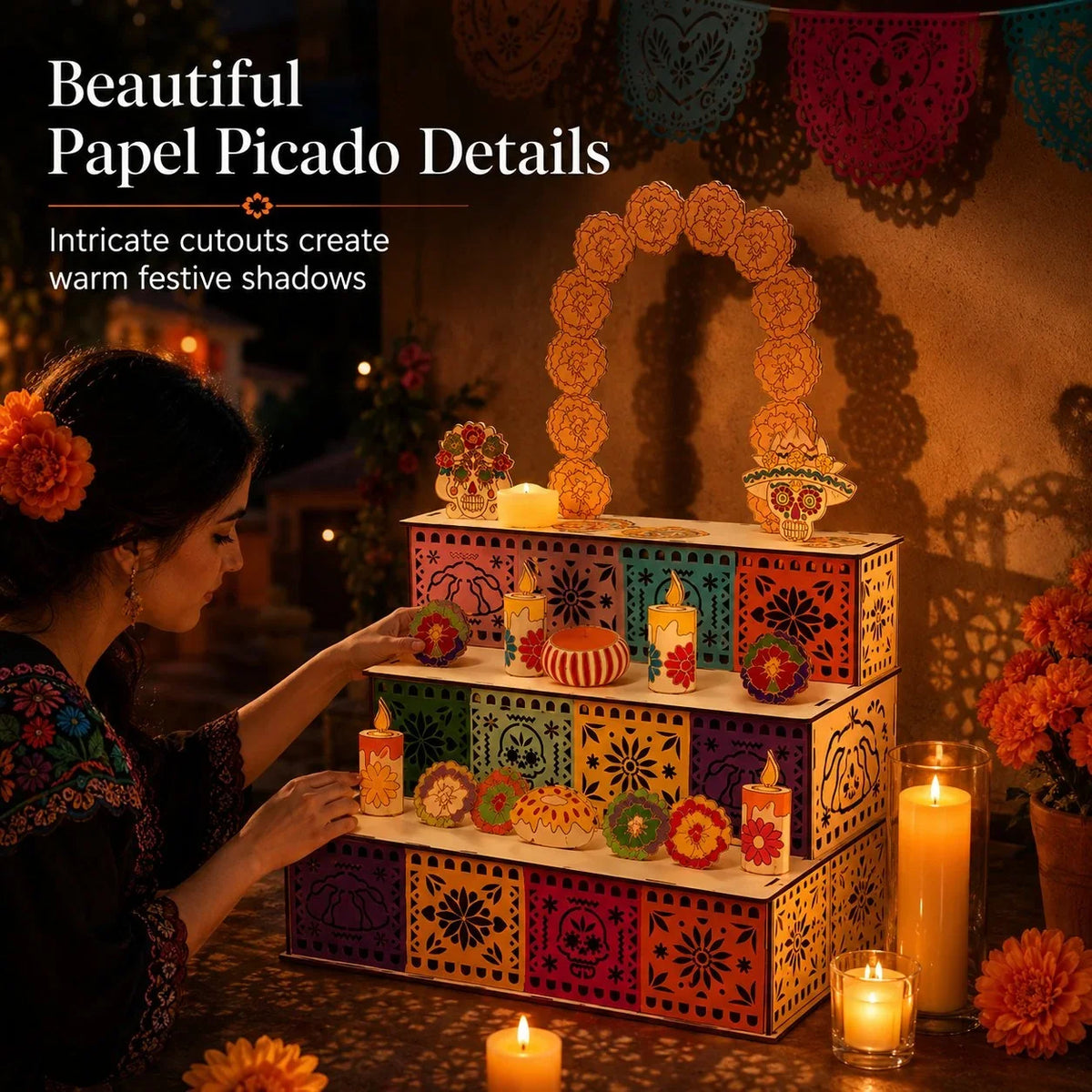 Ofrenda Display Three-Tier Wooden Tabletop Stand