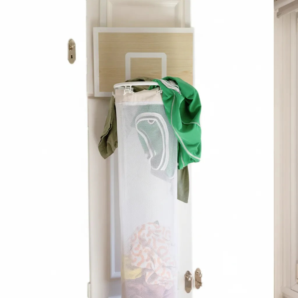 Over-The-Door Laundry Hamper Basketball Hoop Foldable & Removable Mesh