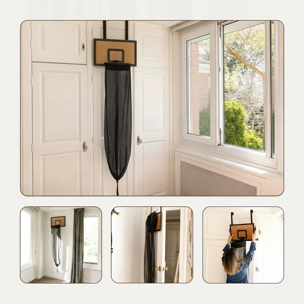 Over-The-Door Laundry Hamper Basketball Hoop Foldable & Removable Mesh