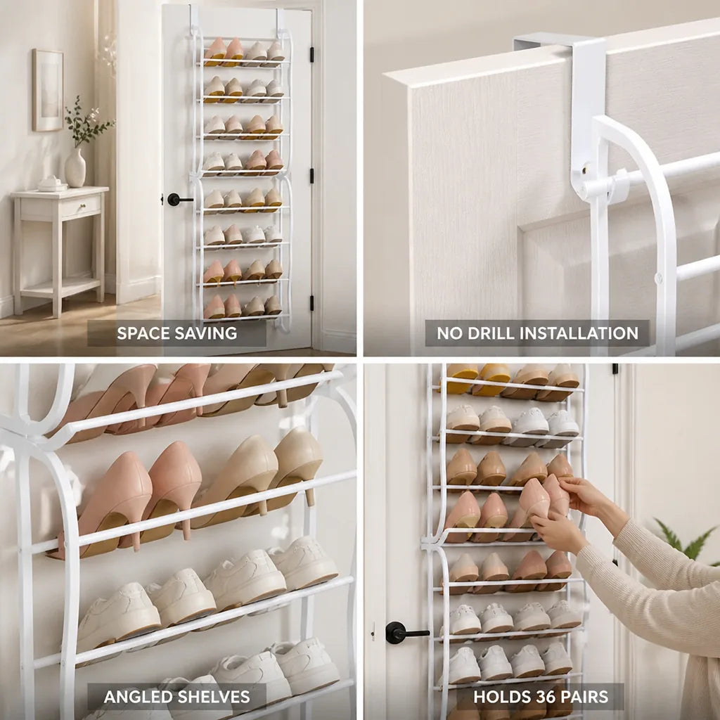Over-The-Door Shoe Rack Holds 36 Pairs No-Drill Angled Shelves