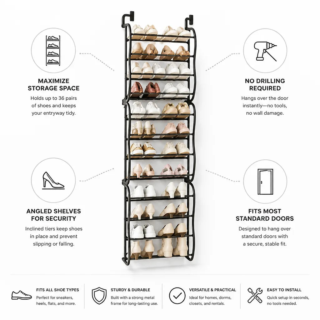 Over-The-Door Shoe Rack Holds 36 Pairs No-Drill Angled Shelves