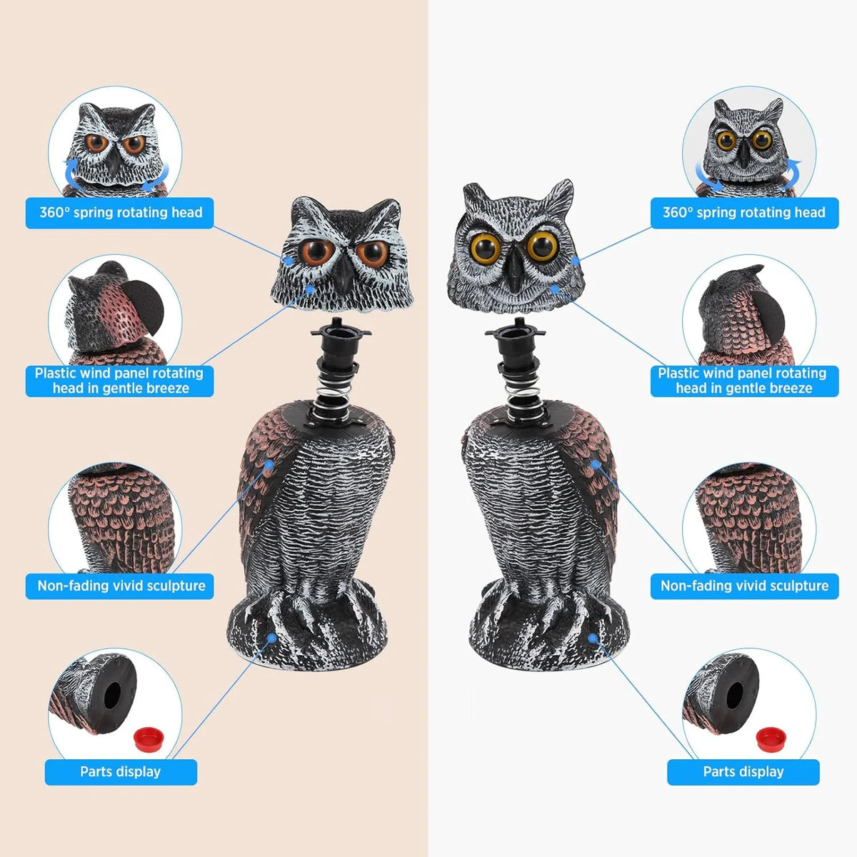 Owl Decoy Wind-Powered Rotating Head Set of 2