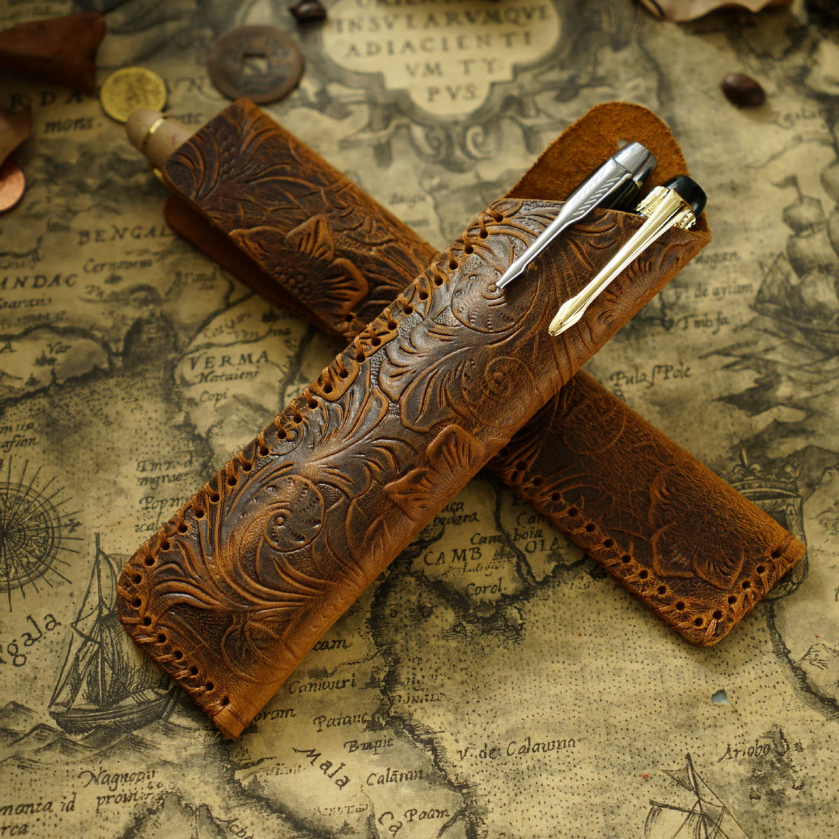 Pen Case Handmade Leather Floral Embossed Holds Multiple Pens