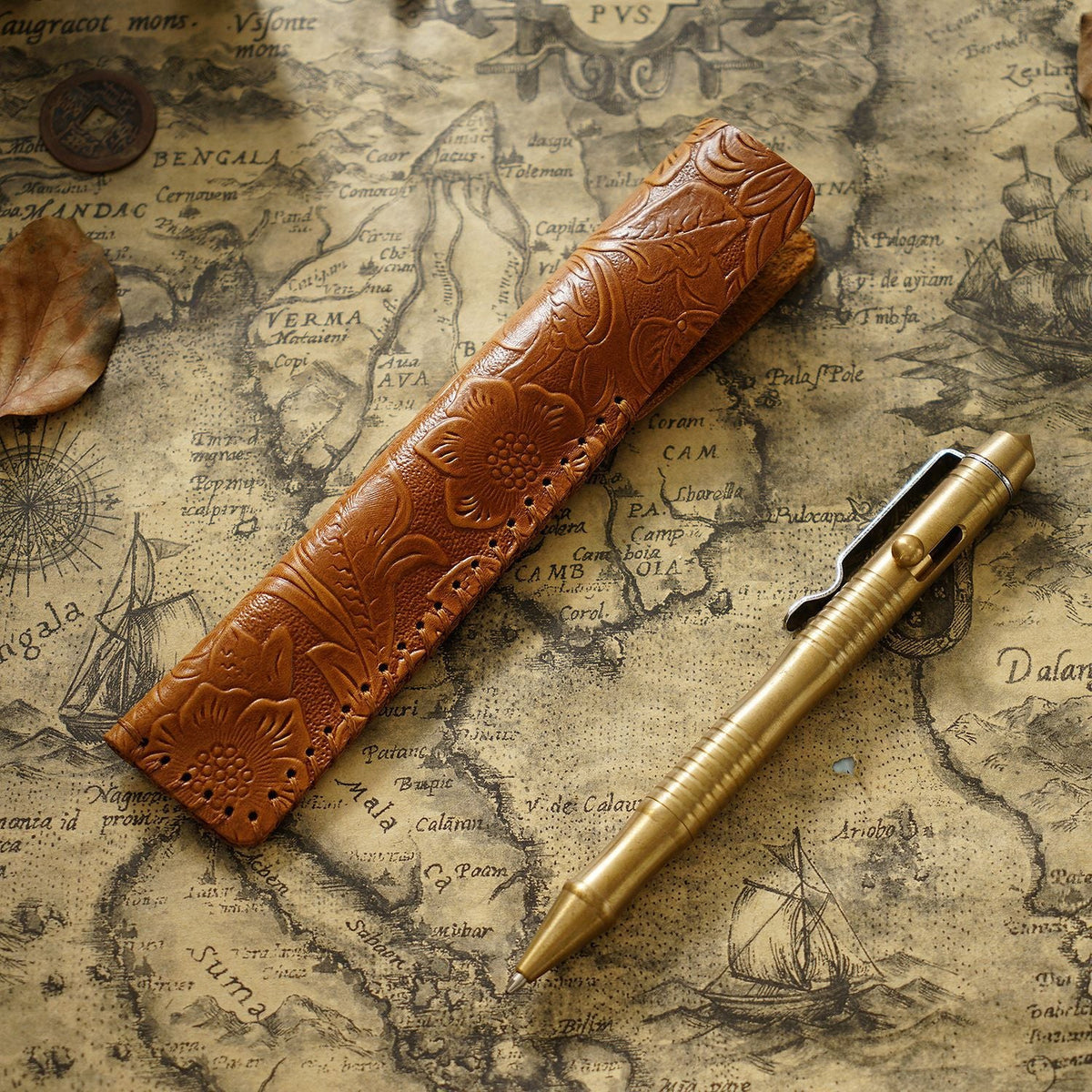 Pen Case Handmade Leather Floral Embossed Holds Multiple Pens