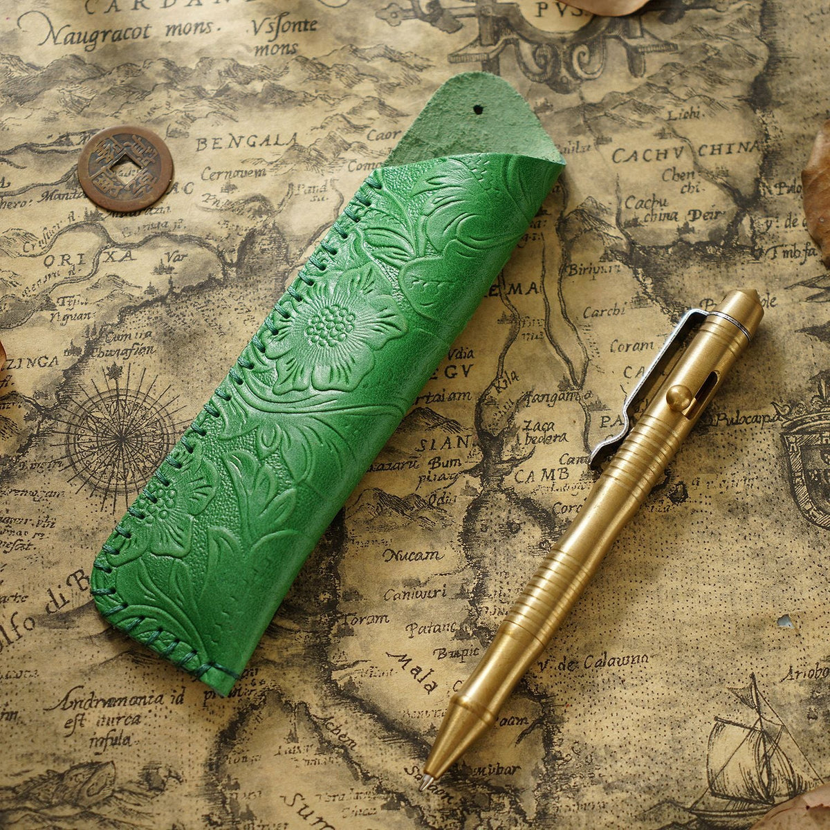 Pen Case Handmade Leather Floral Embossed Holds Multiple Pens