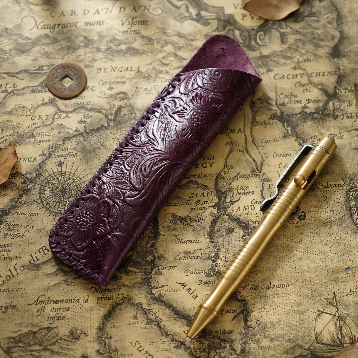 Pen Case Handmade Leather Floral Embossed Holds Multiple Pens
