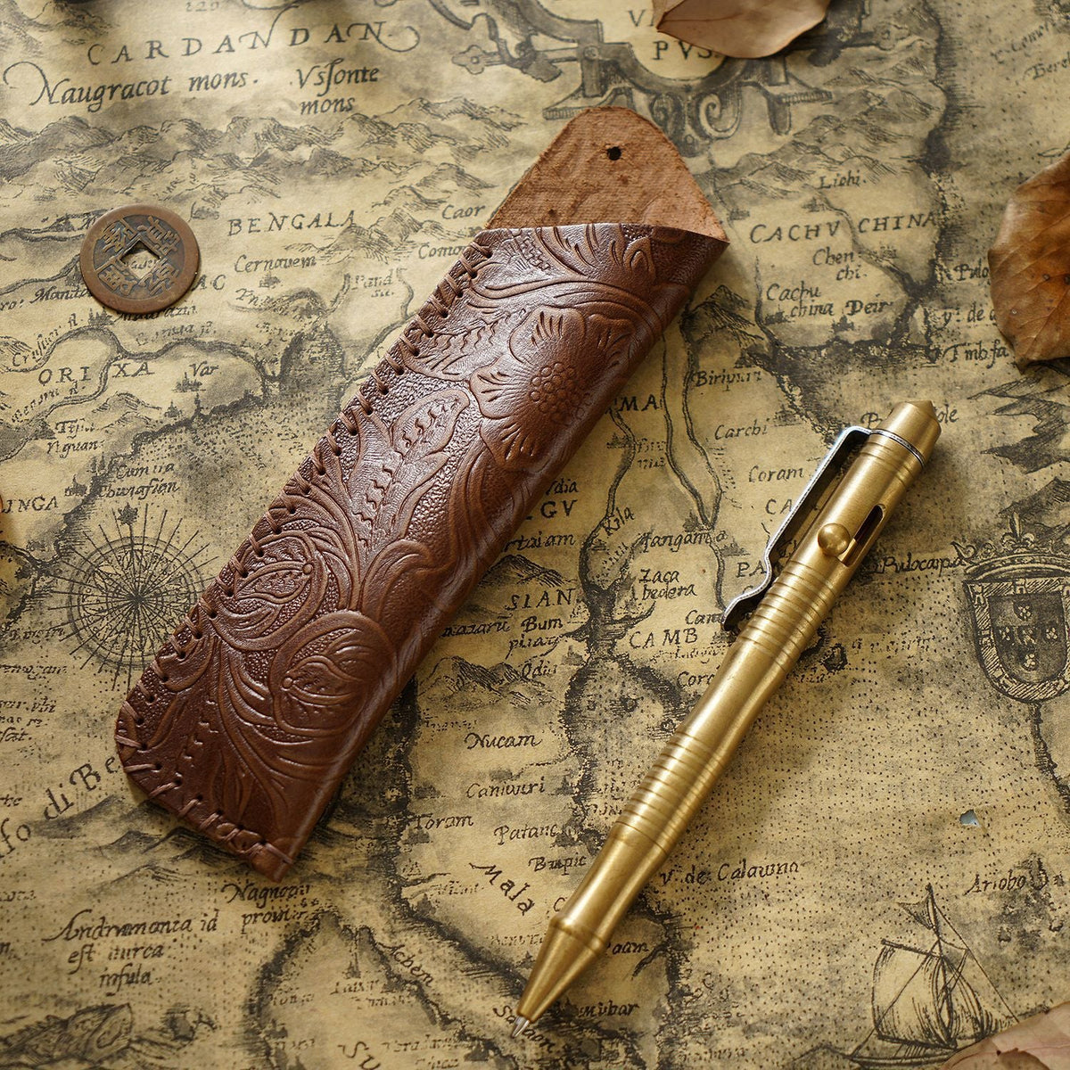 Pen Case Handmade Leather Floral Embossed Holds Multiple Pens