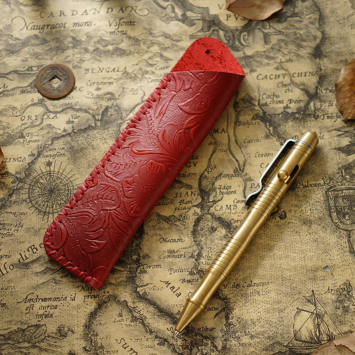 Pen Case Handmade Leather Floral Embossed Holds Multiple Pens