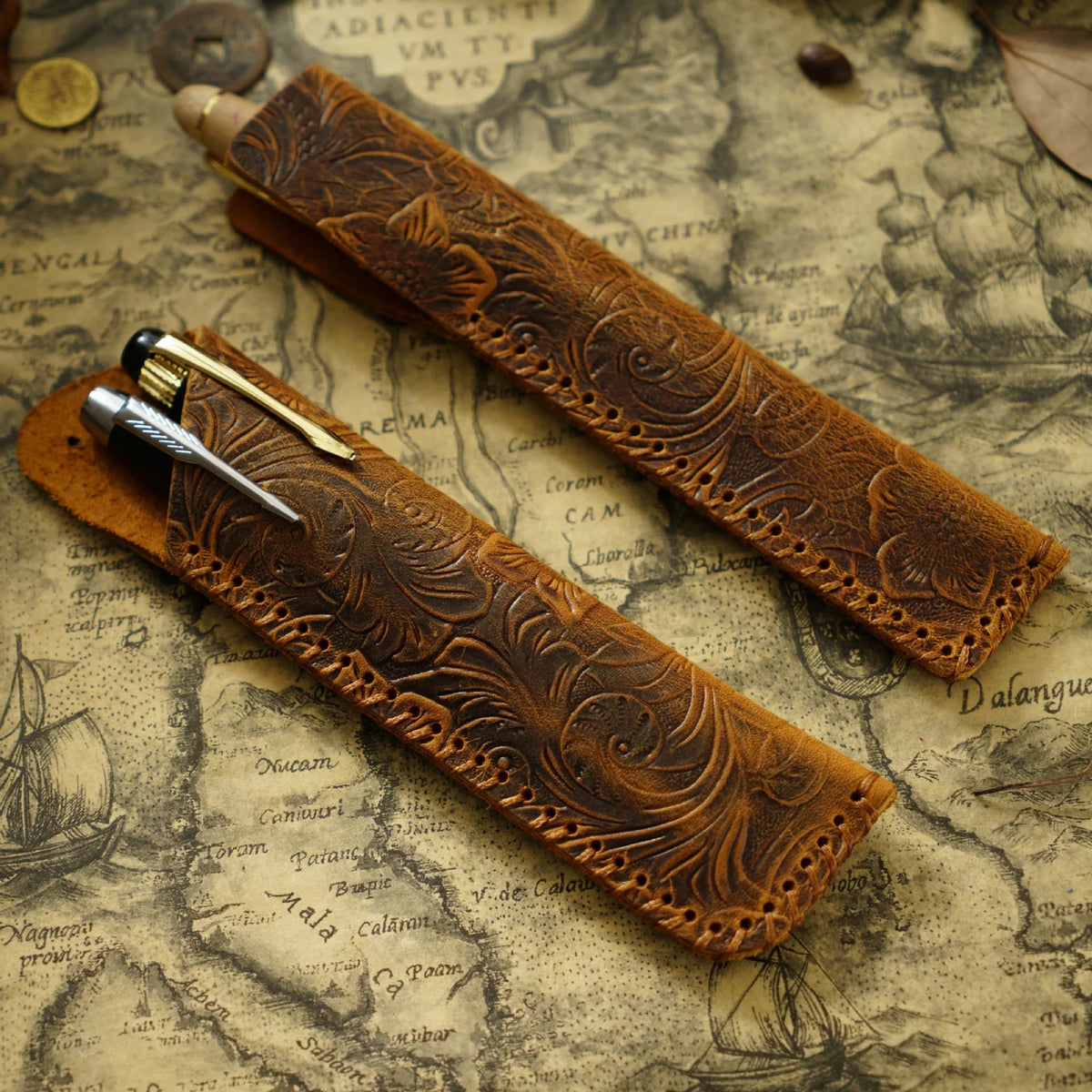 Pen Case Handmade Leather Floral Embossed Holds Multiple Pens
