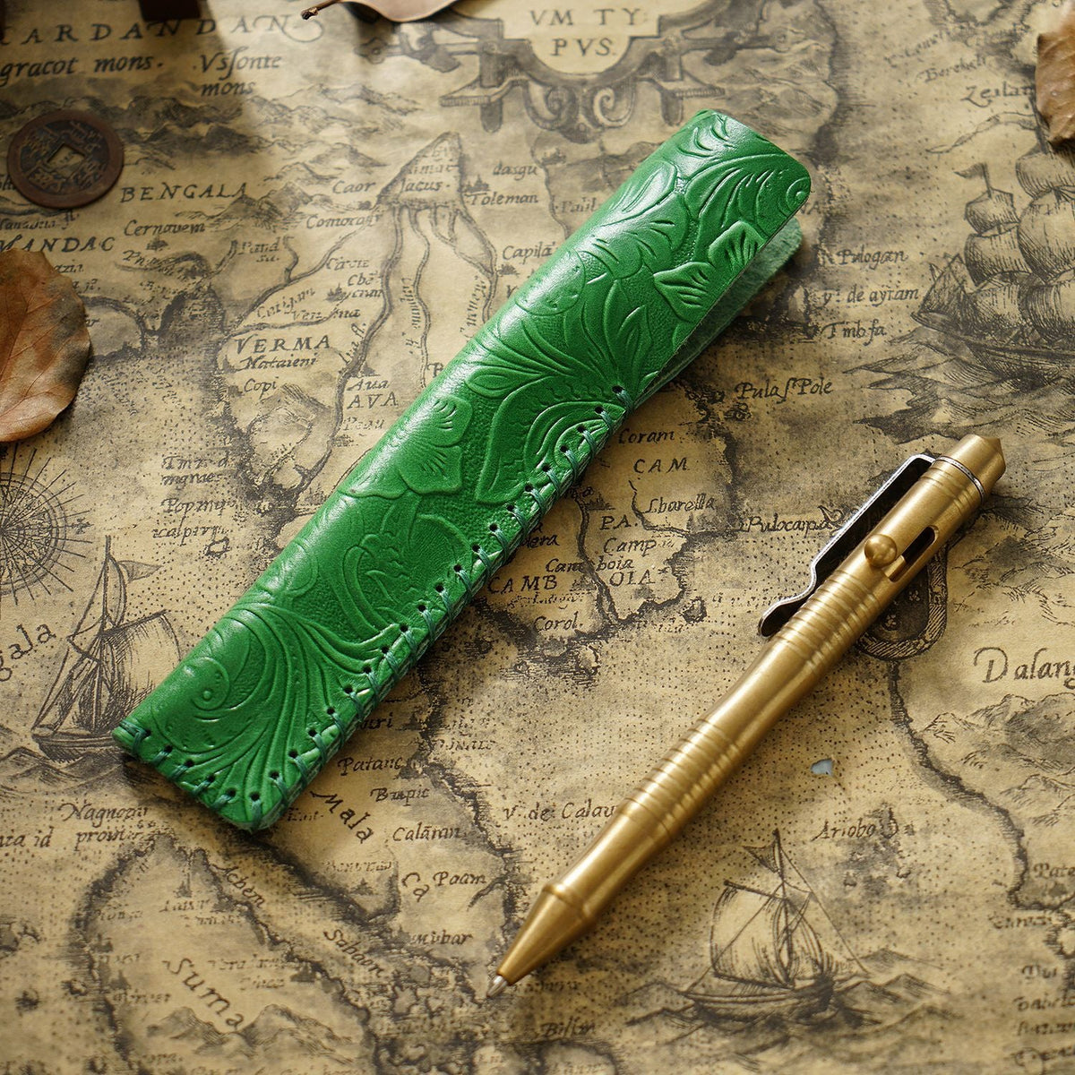 Pen Case Handmade Leather Floral Embossed Holds Multiple Pens