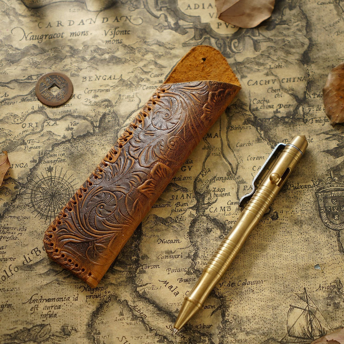 Pen Case Handmade Leather Floral Embossed Holds Multiple Pens