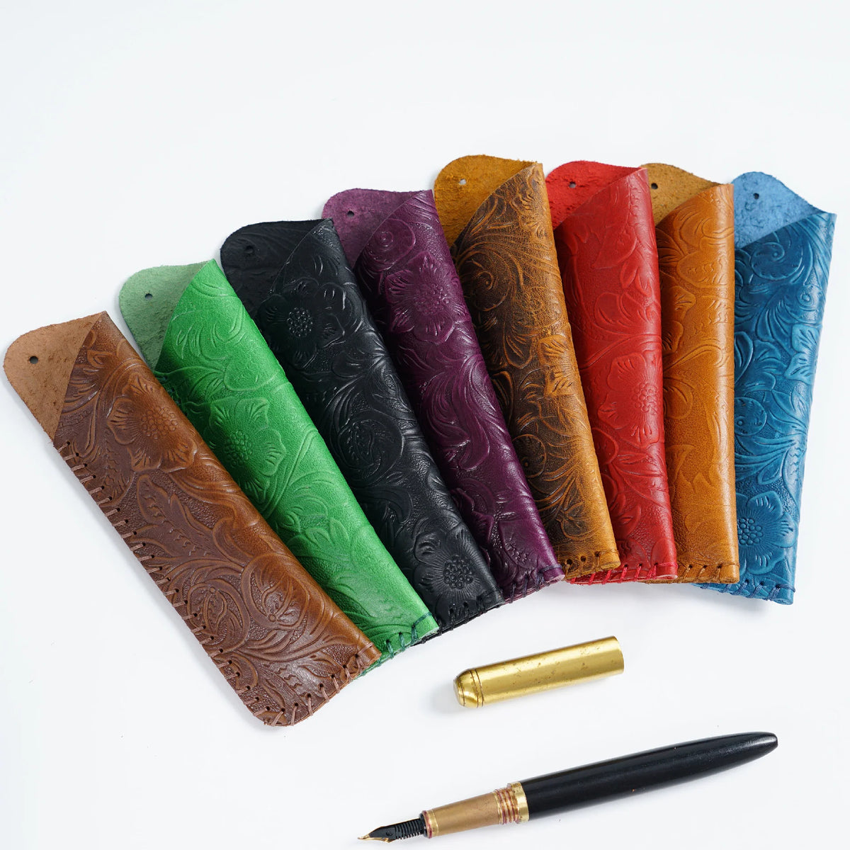 Pen Case Handmade Leather Floral Embossed Holds Multiple Pens
