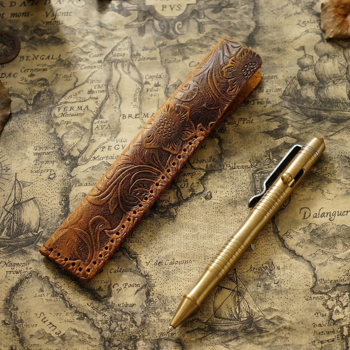 Pen Case Handmade Leather Floral Embossed Holds Multiple Pens