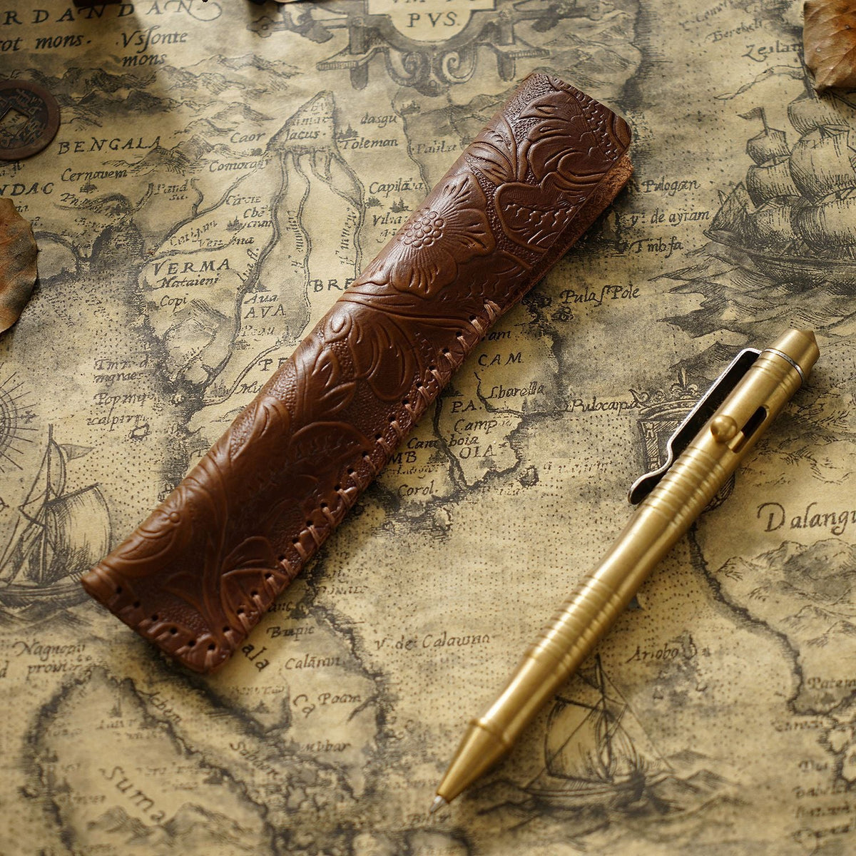 Pen Case Handmade Leather Floral Embossed Holds Multiple Pens