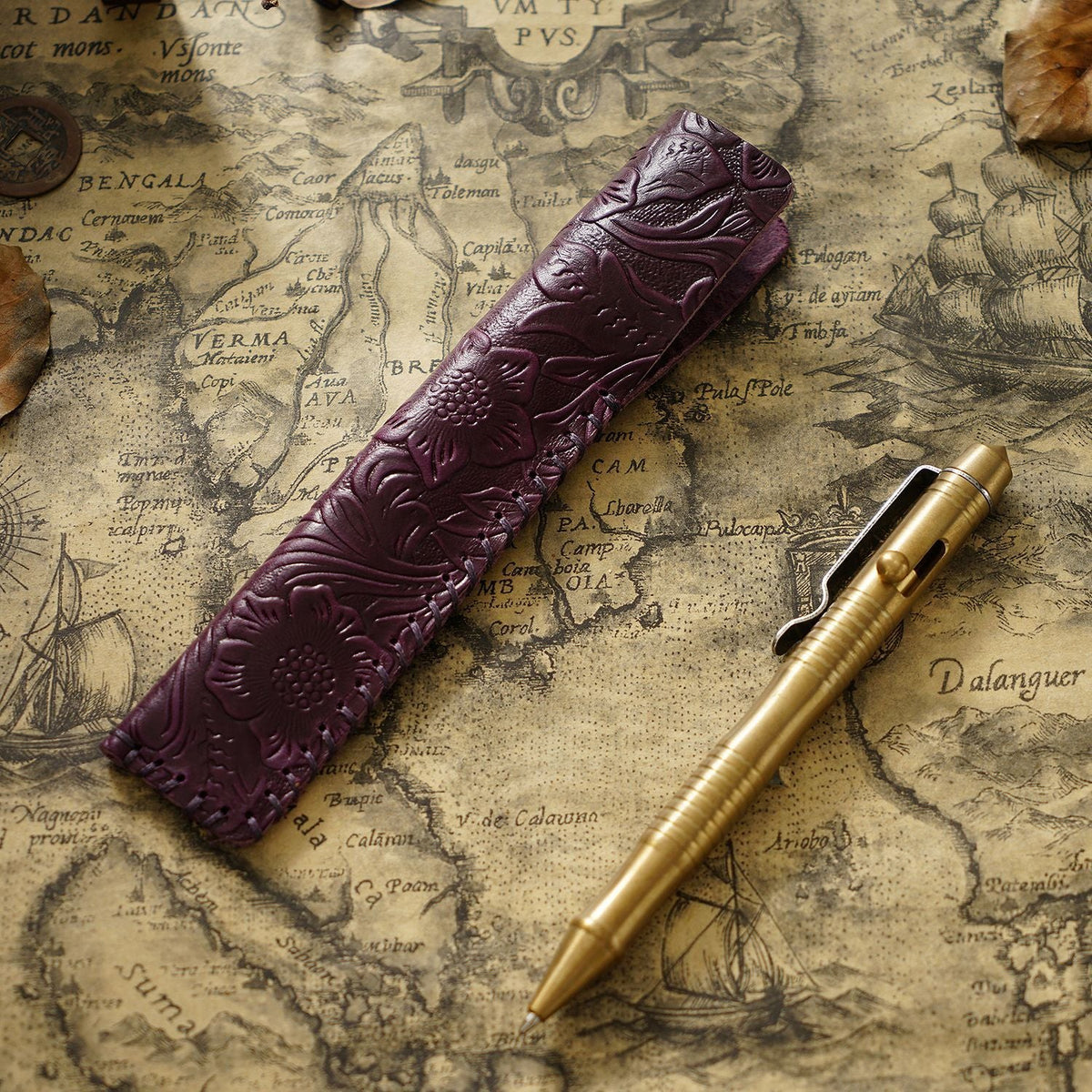 Pen Case Handmade Leather Floral Embossed Holds Multiple Pens