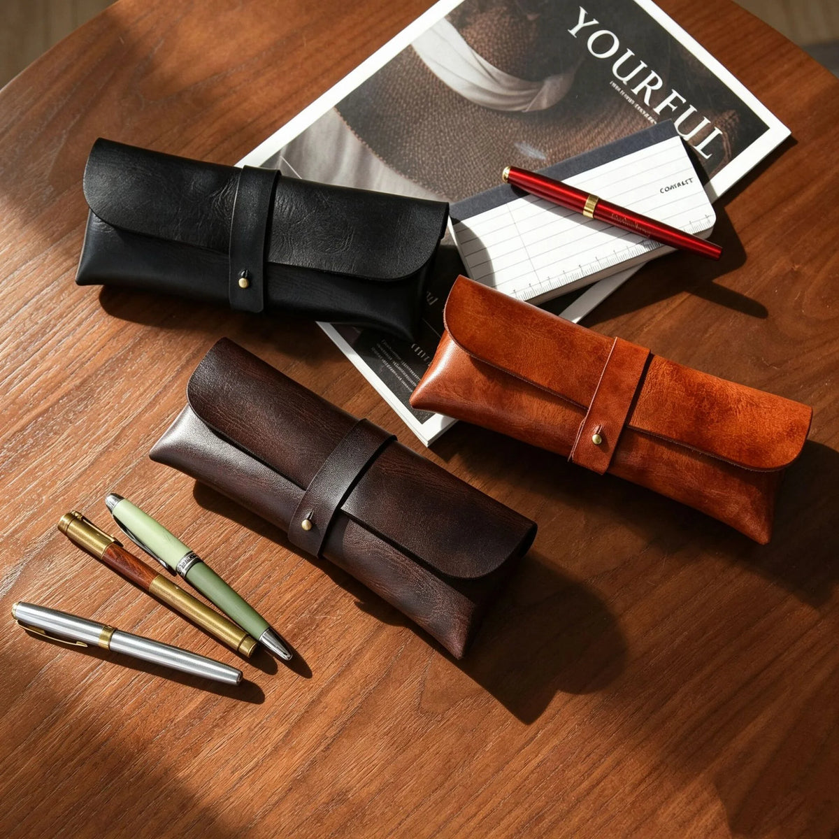 Pencil Case Genuine Leather Strap Closure