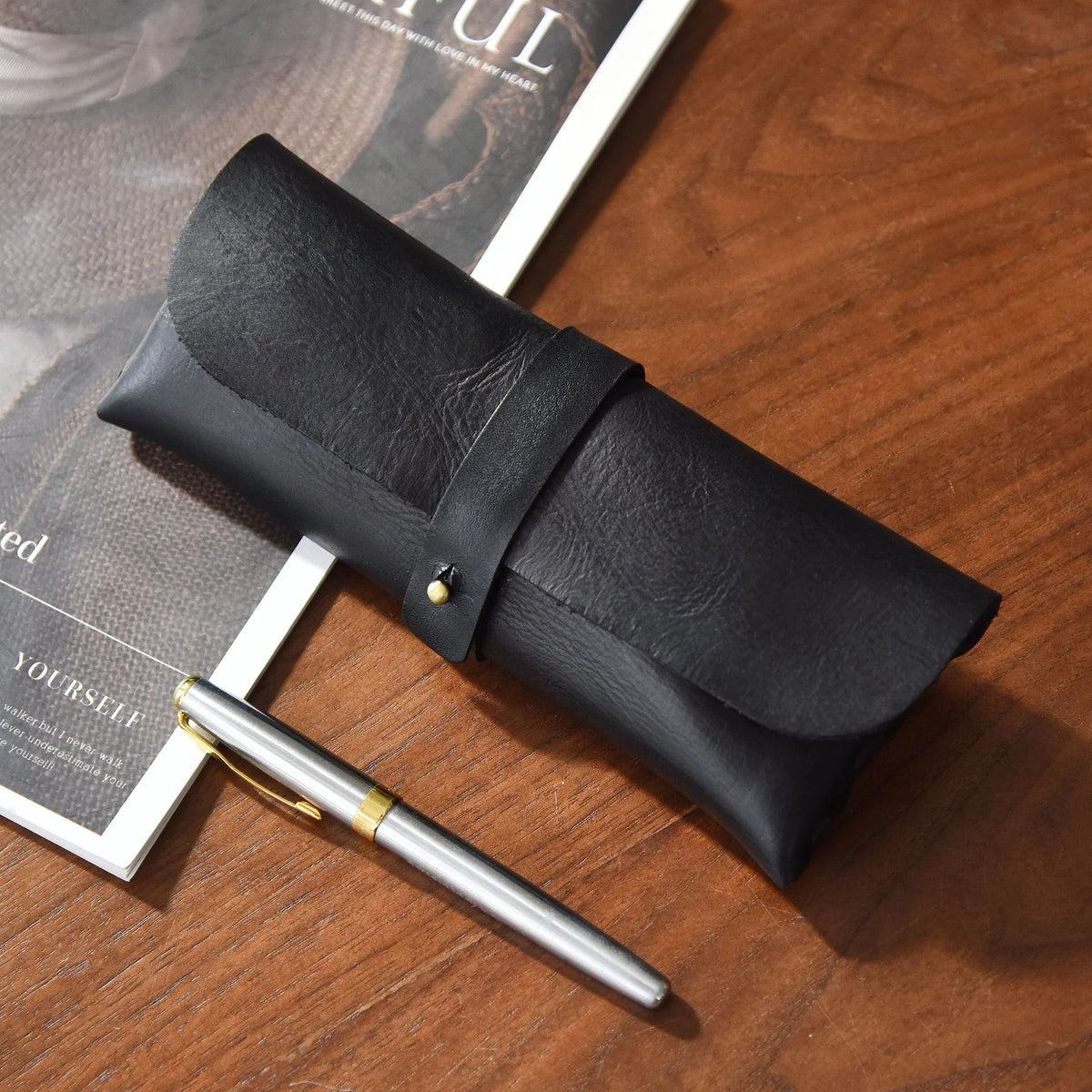 Pencil Case Genuine Leather Strap Closure
