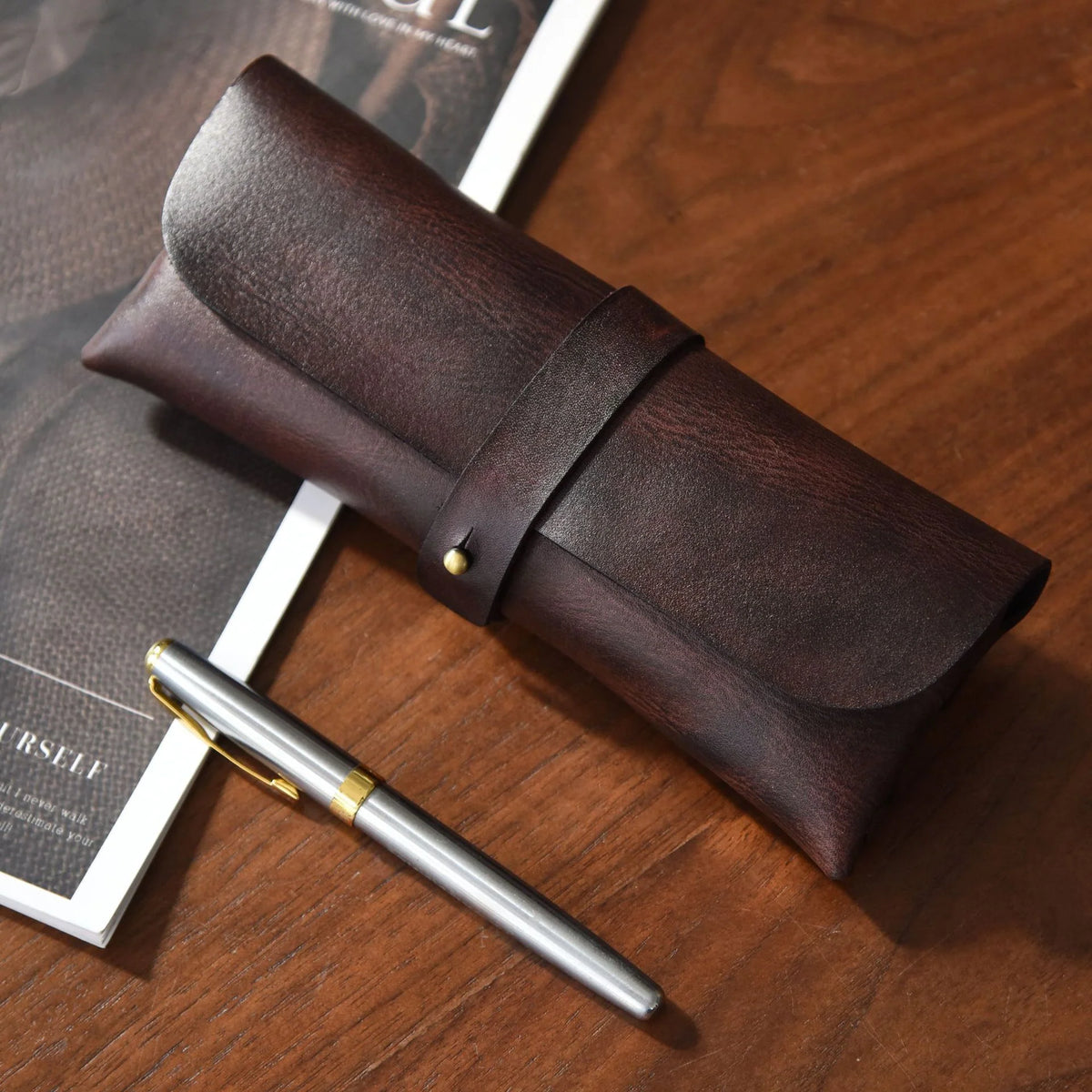 Pencil Case Genuine Leather Strap Closure