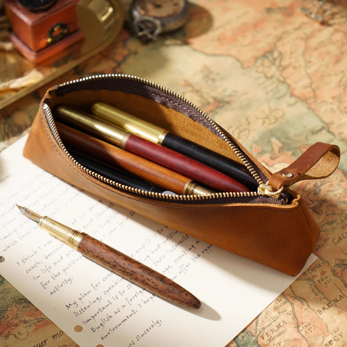 Pencil Case Genuine Leather Zipper Closure Slim Profile