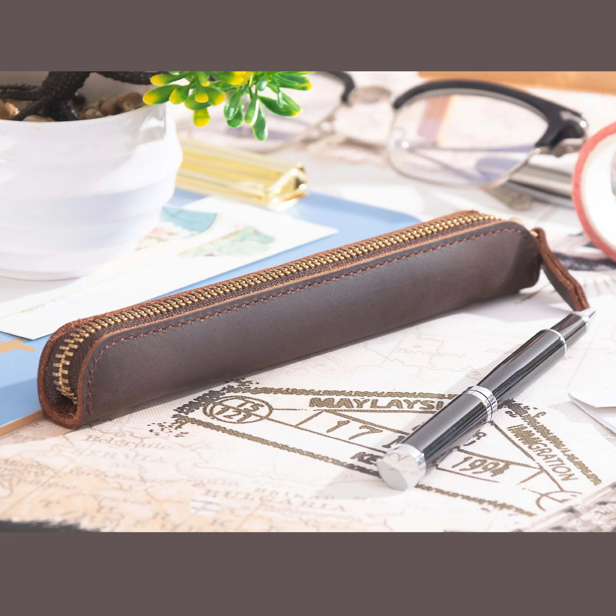 Pencil Case Leather Zipper Closure Compact Design