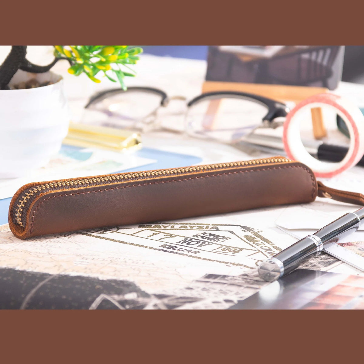Pencil Case Leather Zipper Closure Compact Design