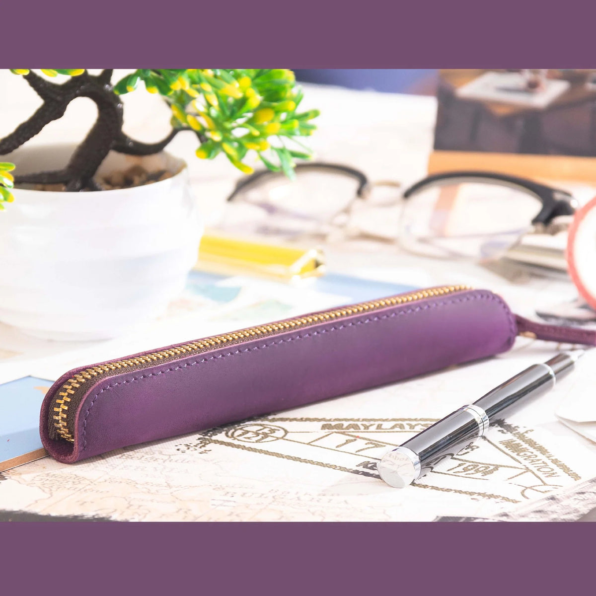 Pencil Case Leather Zipper Closure Compact Design