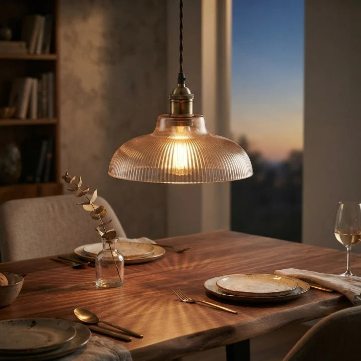 Pendant Light Ribbed Glass Exposed Bulb & Adjustable Cord