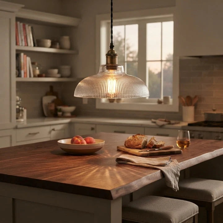 Pendant Light Ribbed Glass Exposed Bulb & Adjustable Cord