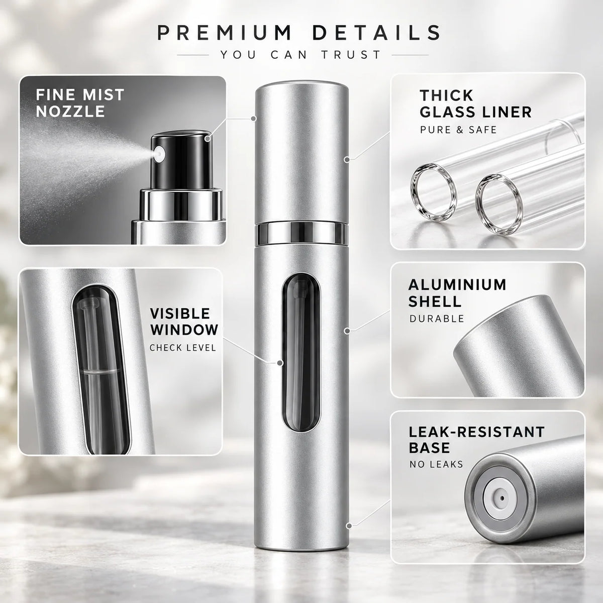 Perfume Atomizer Refillable Travel Size Leak-Resistant Cap