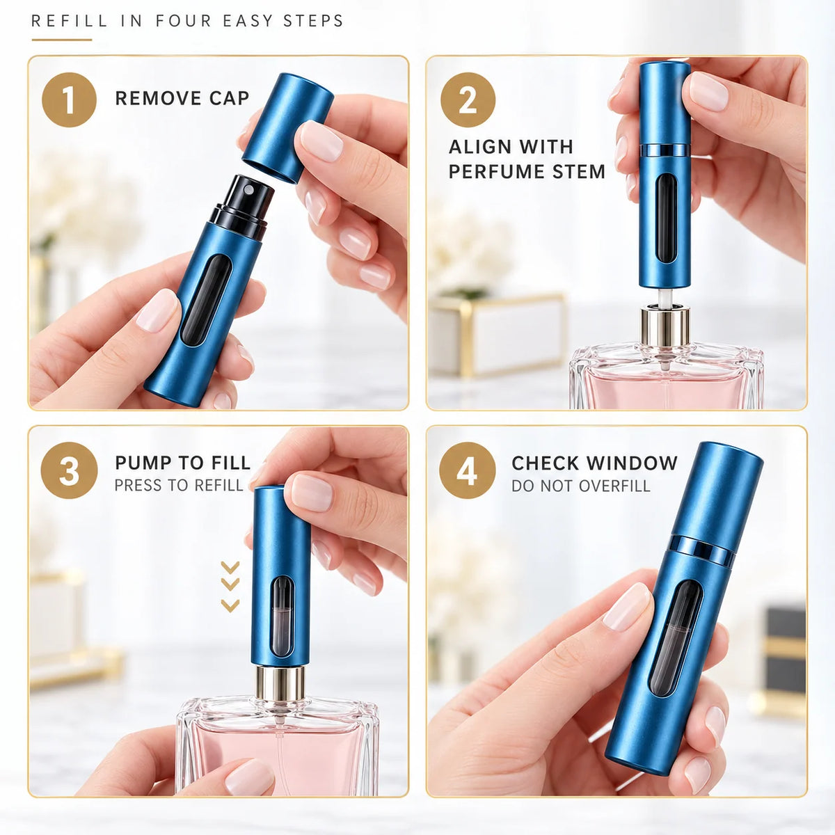 Perfume Atomizer Refillable Travel Size Leak-Resistant Cap