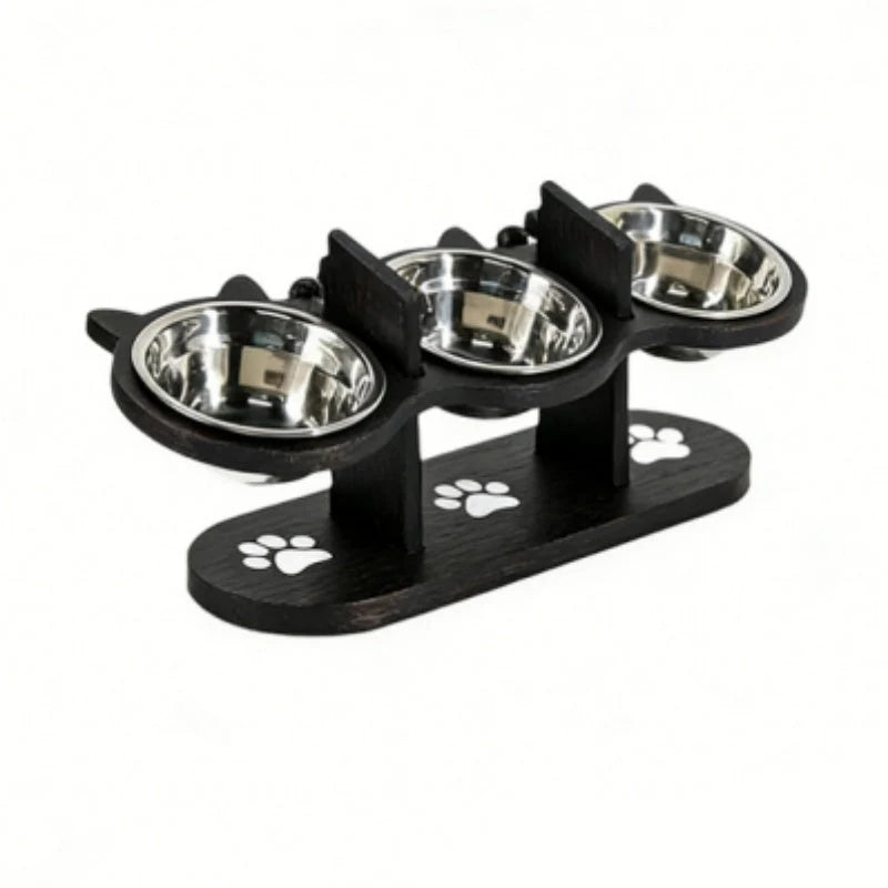 Pet Feeder Height-Adjustable Wooden Stand With 3 Stainless Steel Bowls
