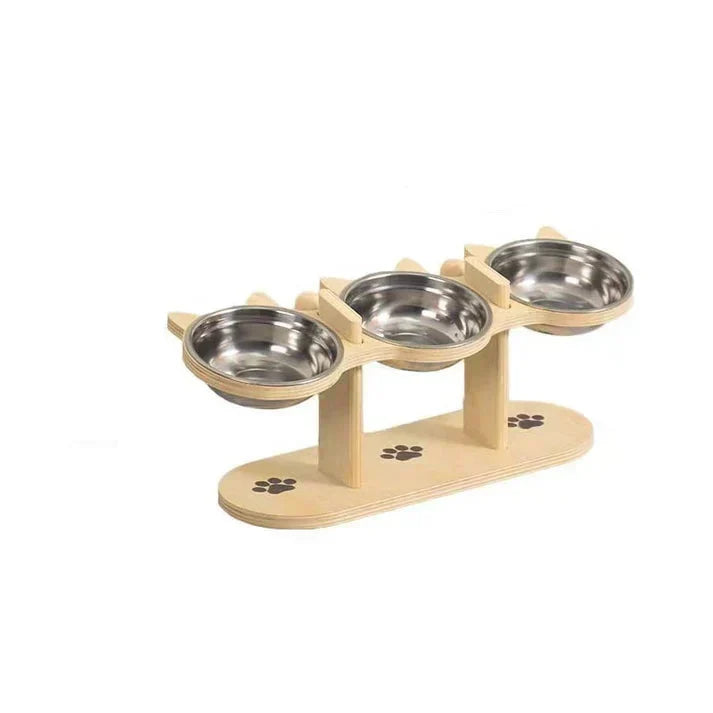 Pet Feeder Height-Adjustable Wooden Stand With 3 Stainless Steel Bowls