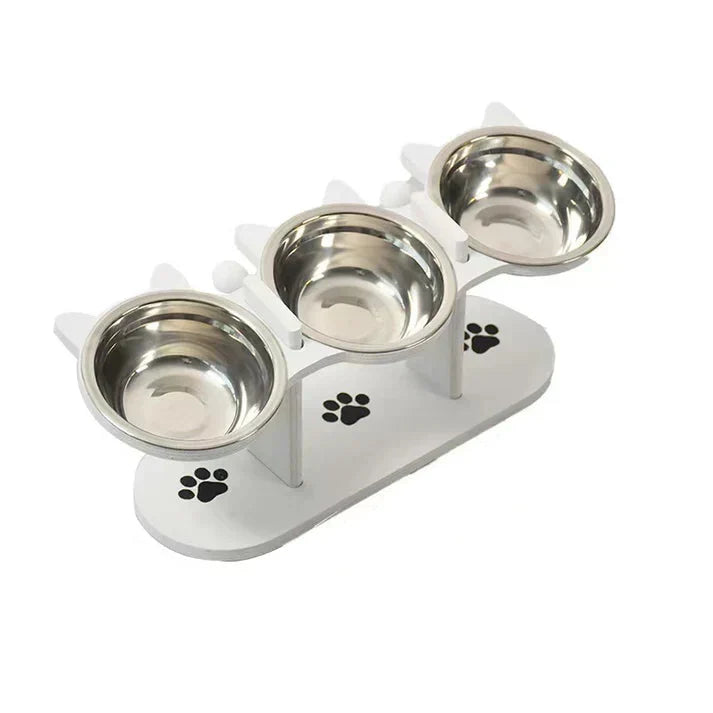 Pet Feeder Height-Adjustable Wooden Stand With 3 Stainless Steel Bowls