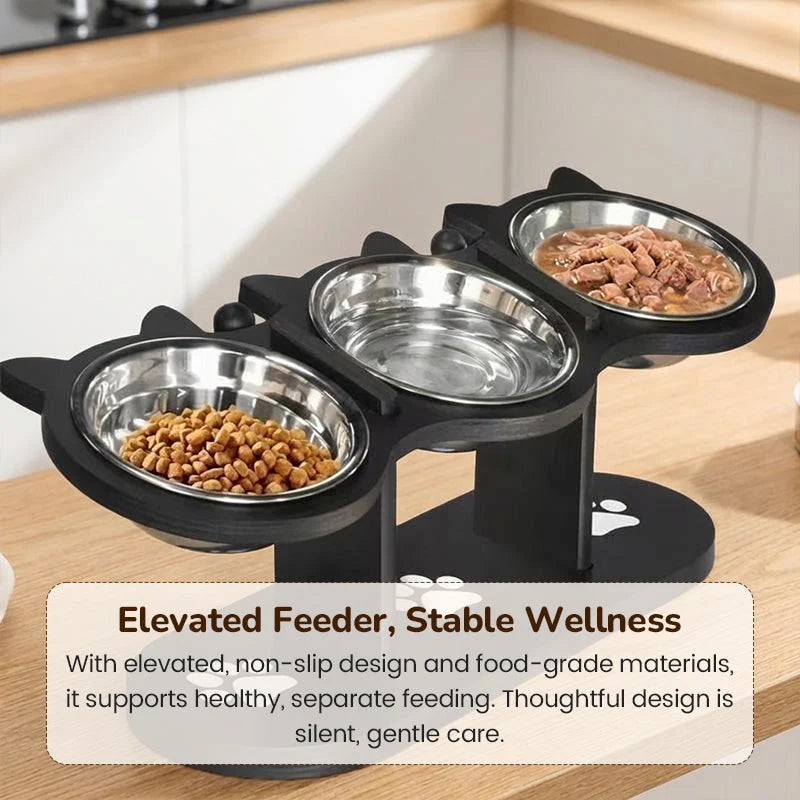 Pet Feeder Height-Adjustable Wooden Stand With 3 Stainless Steel Bowls