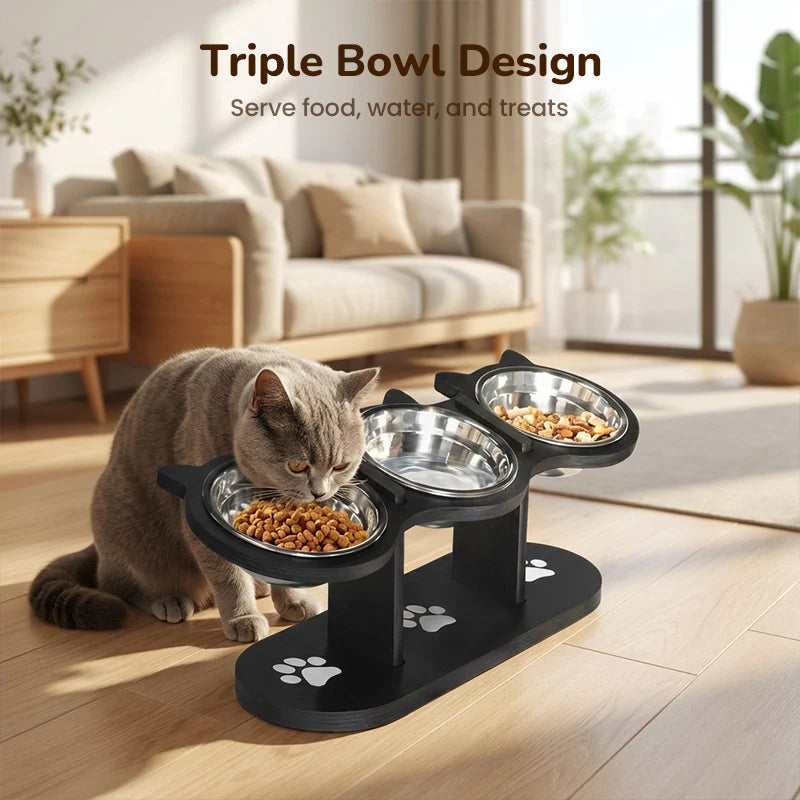 Pet Feeder Height-Adjustable Wooden Stand With 3 Stainless Steel Bowls