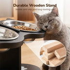 Pet Feeder Height-Adjustable Wooden Stand With 3 Stainless Steel Bowls