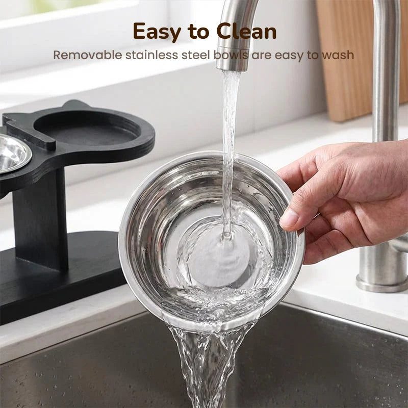 Pet Feeder Height-Adjustable Wooden Stand With 3 Stainless Steel Bowls